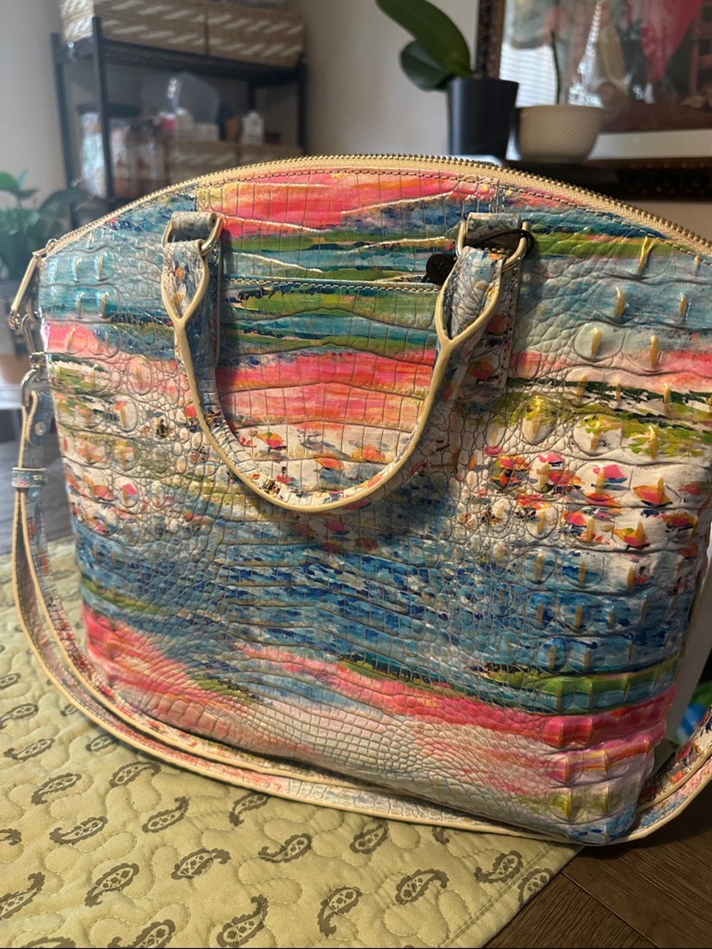 Brahmin Multicolor Croc-Embossed Satchel - Blue, Pink, Green